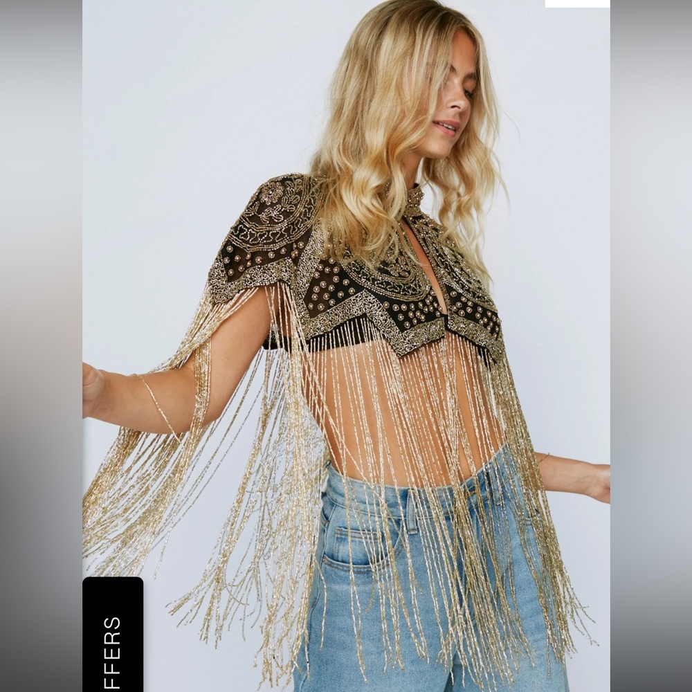 NFR Nasty Gal Long Tassel Beaded Cape Black & Gold